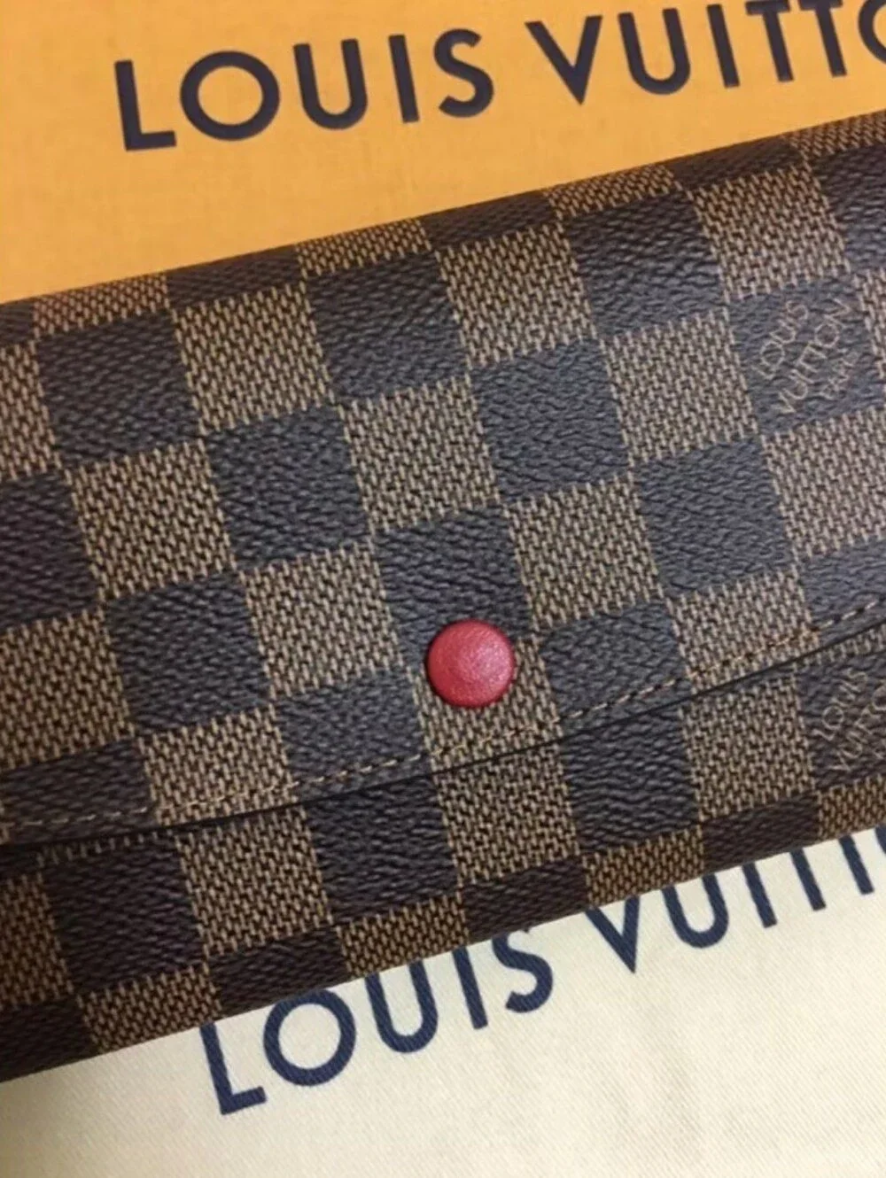 Louis Vuitton Damier Ebene Continental Wallet with Red Snap Closure